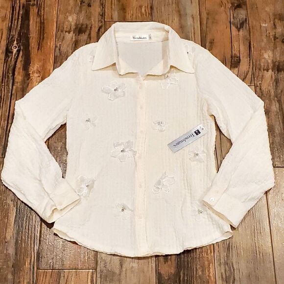 🔸️NWT Trendmates Ivory Crinkle Floral Adjustable Long Sleeve Top Large - Picture 1 of 15